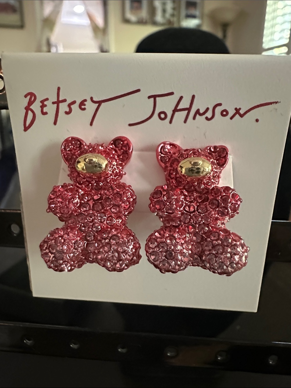 Betsey Johnson Pink Crystal Teddy Bear Stud Earrings